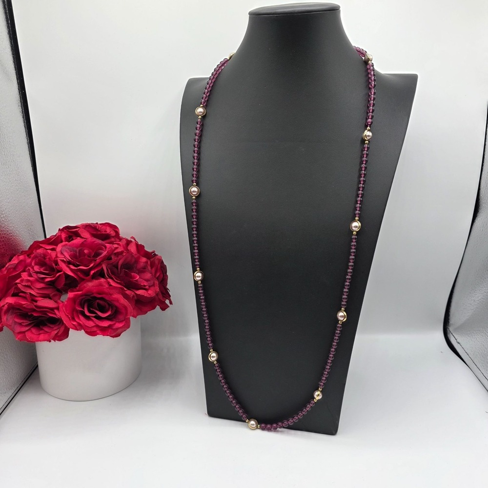 Long Beaded Necklace Purple Gemstone Pearl Gold Tone Accents Statement Jewelry U